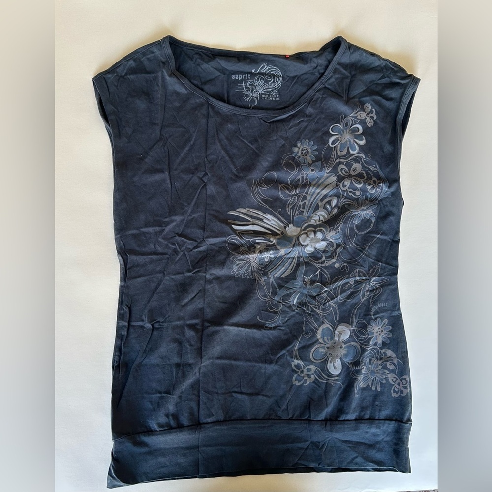 Esprit Navy Floral Cap-Sleeve Tank Top size XL Y2K